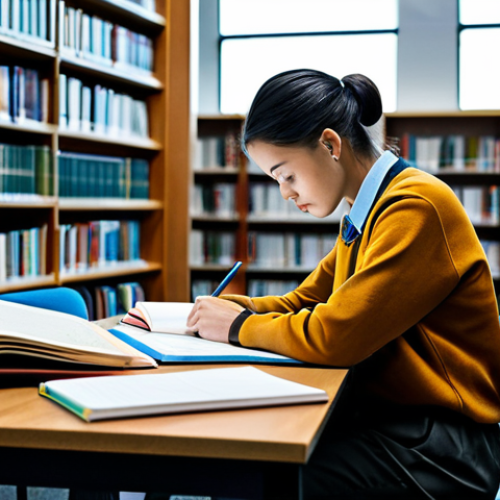 Home 6 **
"A student, fully clothed in appropriate attire, studying diligently at a desk covered with textbooks and notes. The setting is a well-lit library. Focus on concentration and learning. Safe for work, professional, study environment, appropriate content, modest. Perfect anatomy, correct proportions, natural pose. high quality"
**