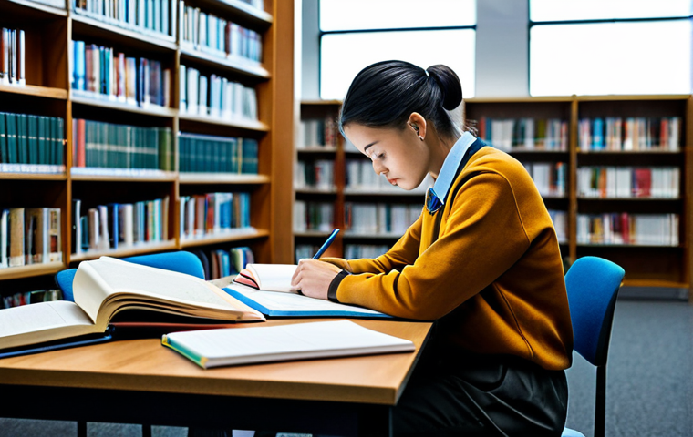 **

"A student, fully clothed in appropriate attire, studying diligently at a desk covered with textbooks and notes. The setting is a well-lit library. Focus on concentration and learning. Safe for work, professional, study environment, appropriate content, modest. Perfect anatomy, correct proportions, natural pose. high quality"

**