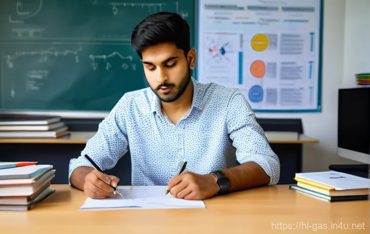 가스 자격증 필기 시험 암기 팁 - **Prompt:** A focused young Indian man, in his late 20s, with a thoughtful expression, is seated at ...