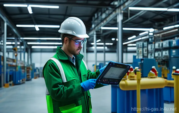 가스 관련 산업 재해 사례와 예방 방법 - **Prompt:** A detailed, wide-angle shot of a clean, modern industrial factory floor during an early-...