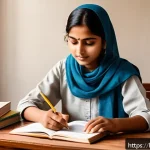 가스 자격증 합격률 통계 분석 - A focused Indian student wearing modest, neat casual clothing is sitting at a wooden desk surrounded...