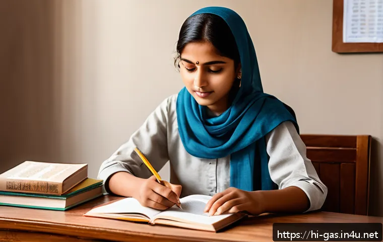 가스 자격증 합격률 통계 분석 - A focused Indian student wearing modest, neat casual clothing is sitting at a wooden desk surrounded...
